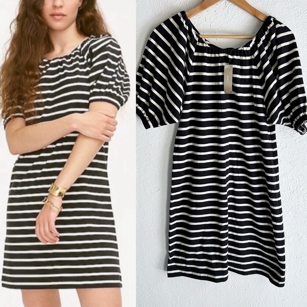 J. Crew Puff-sleeve knit dress in stripe Black & White XS NWT